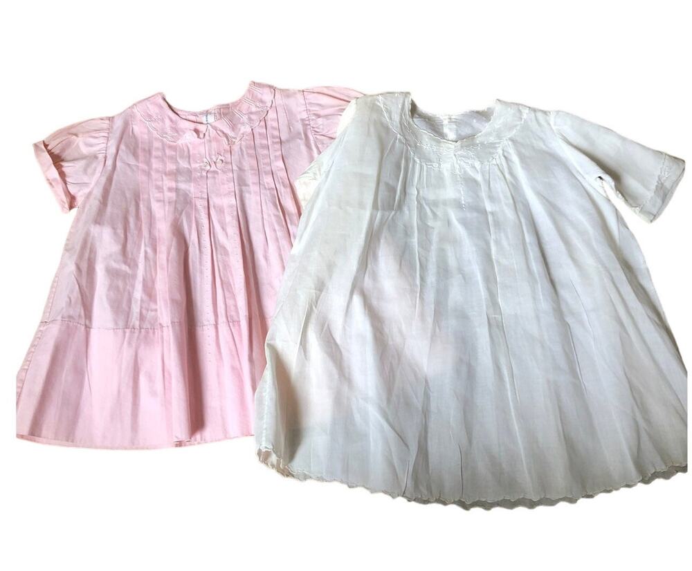 Vintage handmade Embroidered Dresses pink & white 12-18 months